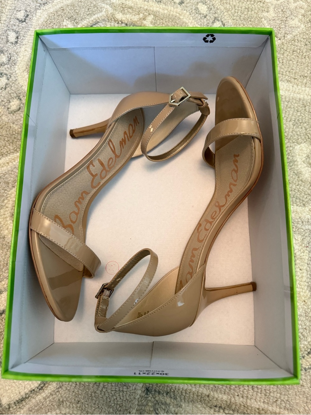 Sam Edelman Nude Patent Ankle-Strap Kitten Heels